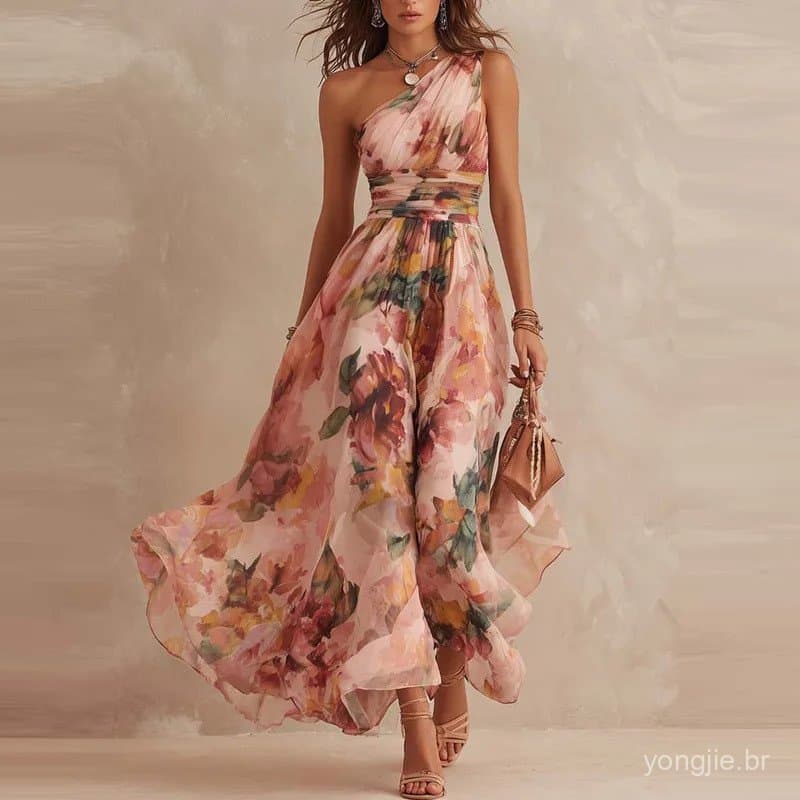 KIDCRKJ Vestido Elegante de Um Ombro Só Sem Mangas com Estampa Digital, Vestidos de Verão e Primavera, Vestidos com