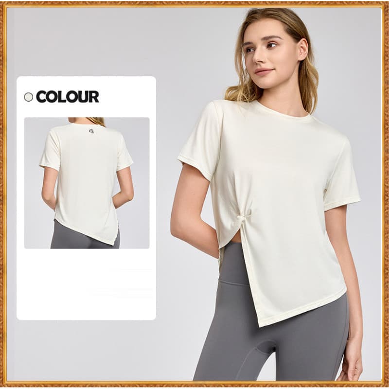 Camiseta de algodão solta de manga curta com fenda irregular Lulu verão 115048 DCWS