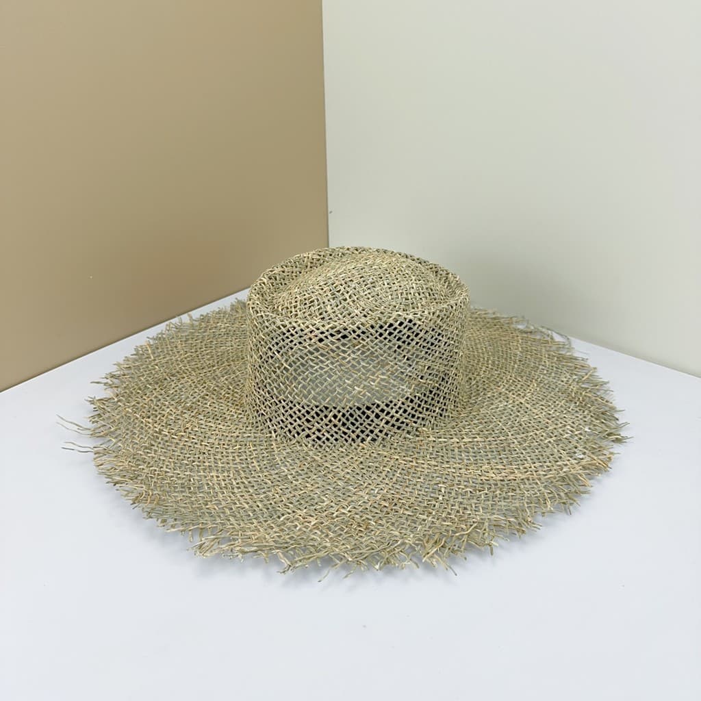 Novo feito à mão palha oco Seagrass chapéu de palha côncavo superior desgastado aba grande chapéu de sol elegante moda p