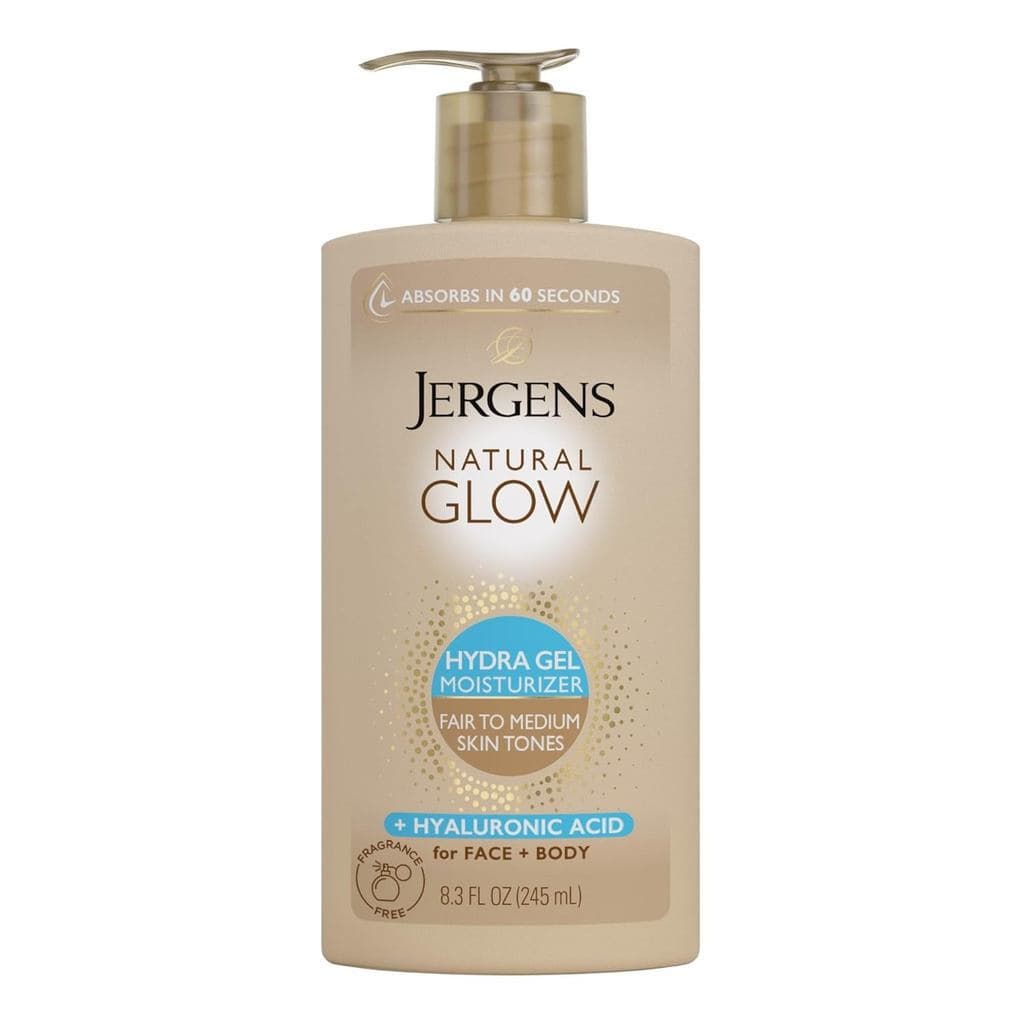 Gel Hidratante e Bronzeador JergensGlow, loção bronzeadora gradual contendo ácido hialurônico, gel bronzeador hidratante