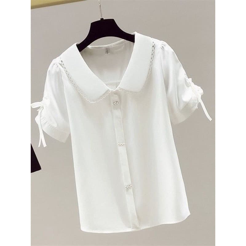 Camisa de manga curta com gola de boneca, roupas femininas de verão, barriga, tamanho grande, estilo ocidental, redução