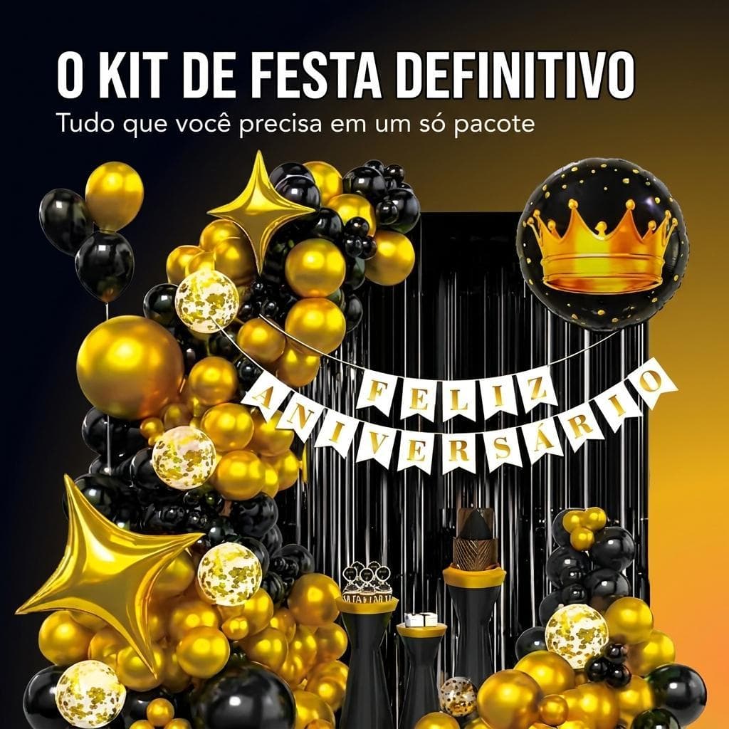 Kit Festa Definitivo Preto e Dourado 64 Peças com Balões Premium, Coroa Real, Estrelas e Faixa Feliz Aniversário