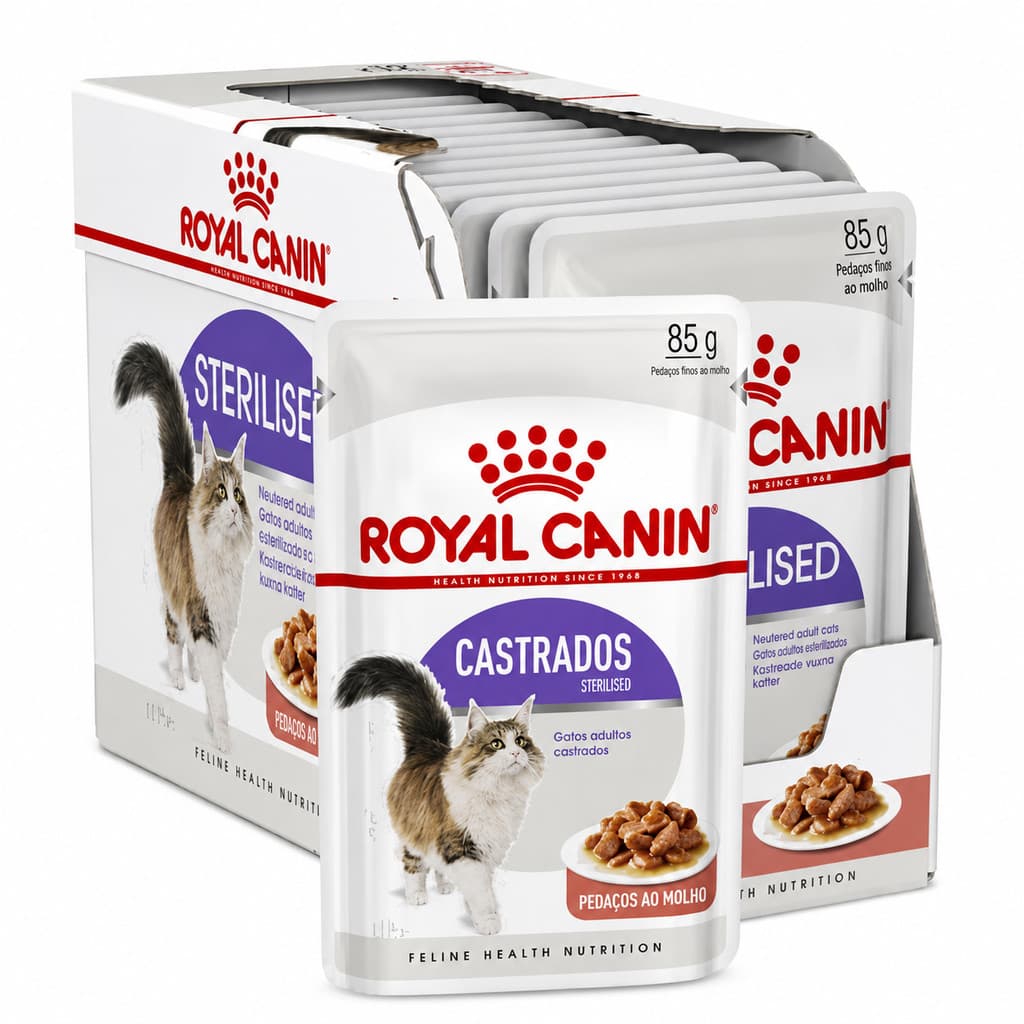 KIT 12 Unidades Royal Canin Sachê Gatos Castrados Adultos 85g - Pedaços ao molho / Patê