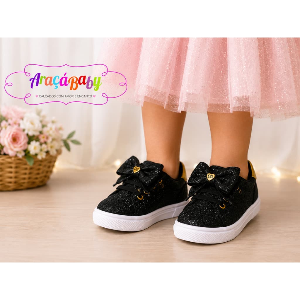 Tênis Infantil Feminino Menina com Laço Glitter Confortável Casual Antiderrapante Araçá Baby