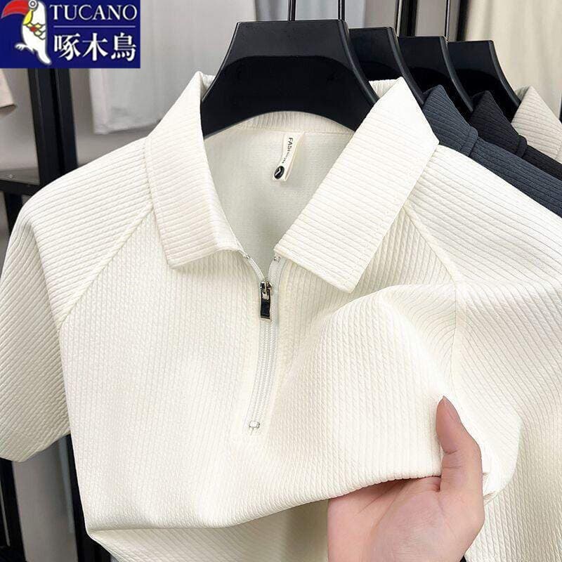 Woodpecker verão fino High-End camisa polo masculina de manga curta meia zíper textura lapela topo