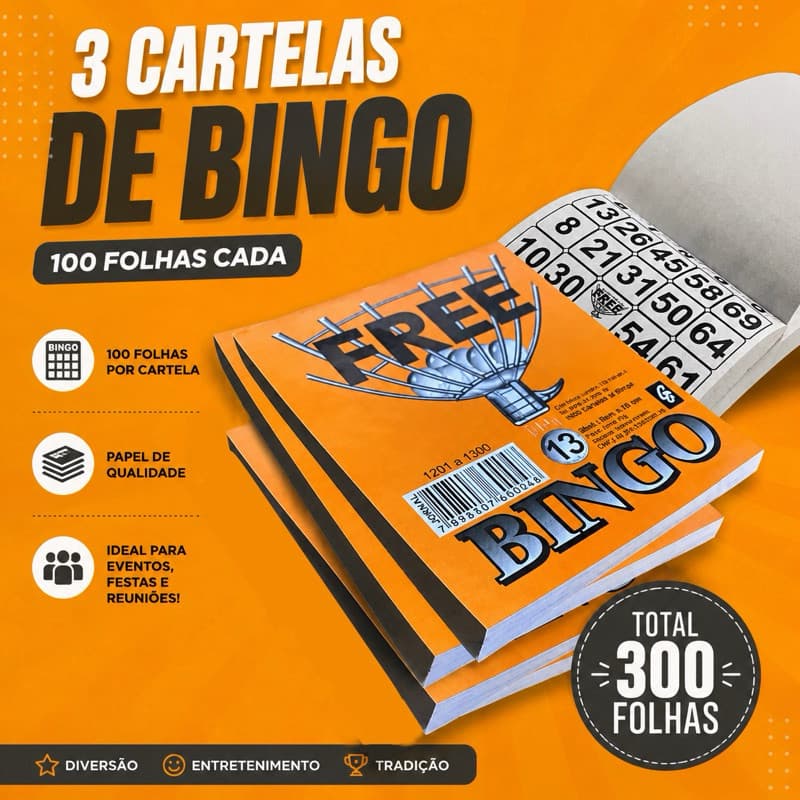 KIT 3 CARTELAS PARA BINGO COM 100 FOLHAS CADA 8cm x 10cm FREE