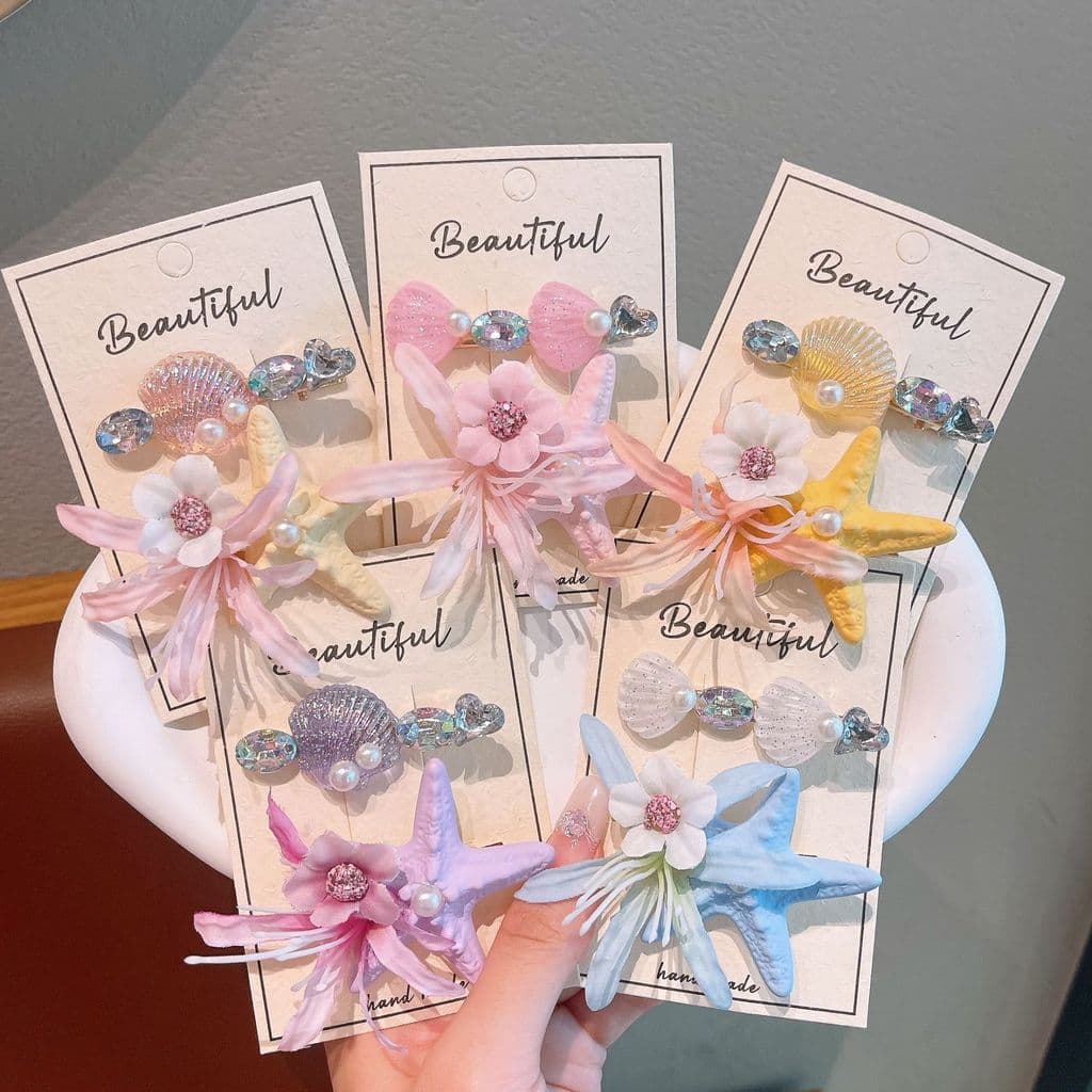 Novo estilo infantil Super fada estrela do mar flor hairpin menina pérola concha quebrada hairpin menina estilo férias h
