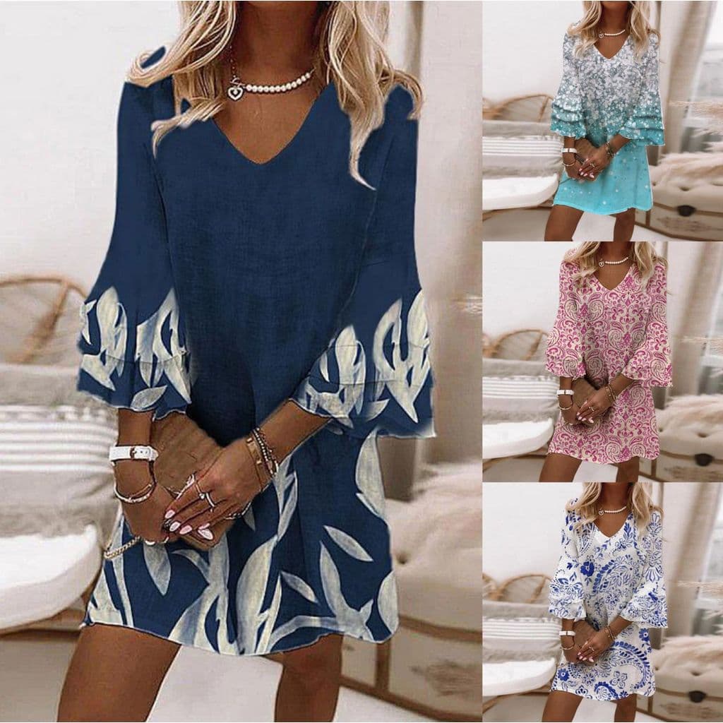 Cross-Border novo estilo fresco impresso com decote em V manga 3/4 Mini vestido feminino