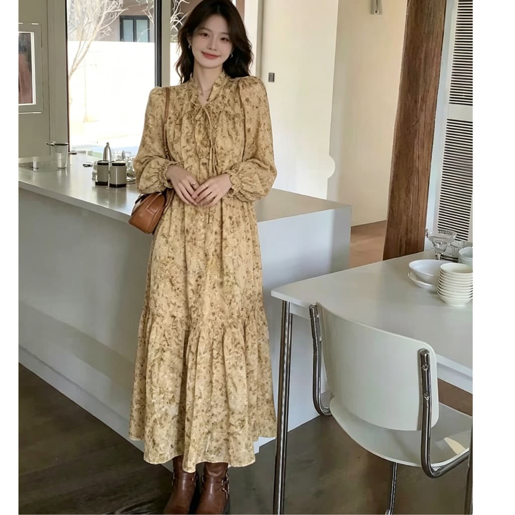 Vestido Floral com decote em V, manga comprida, suave, cintura estreita, aparência mais fina, balanço grande