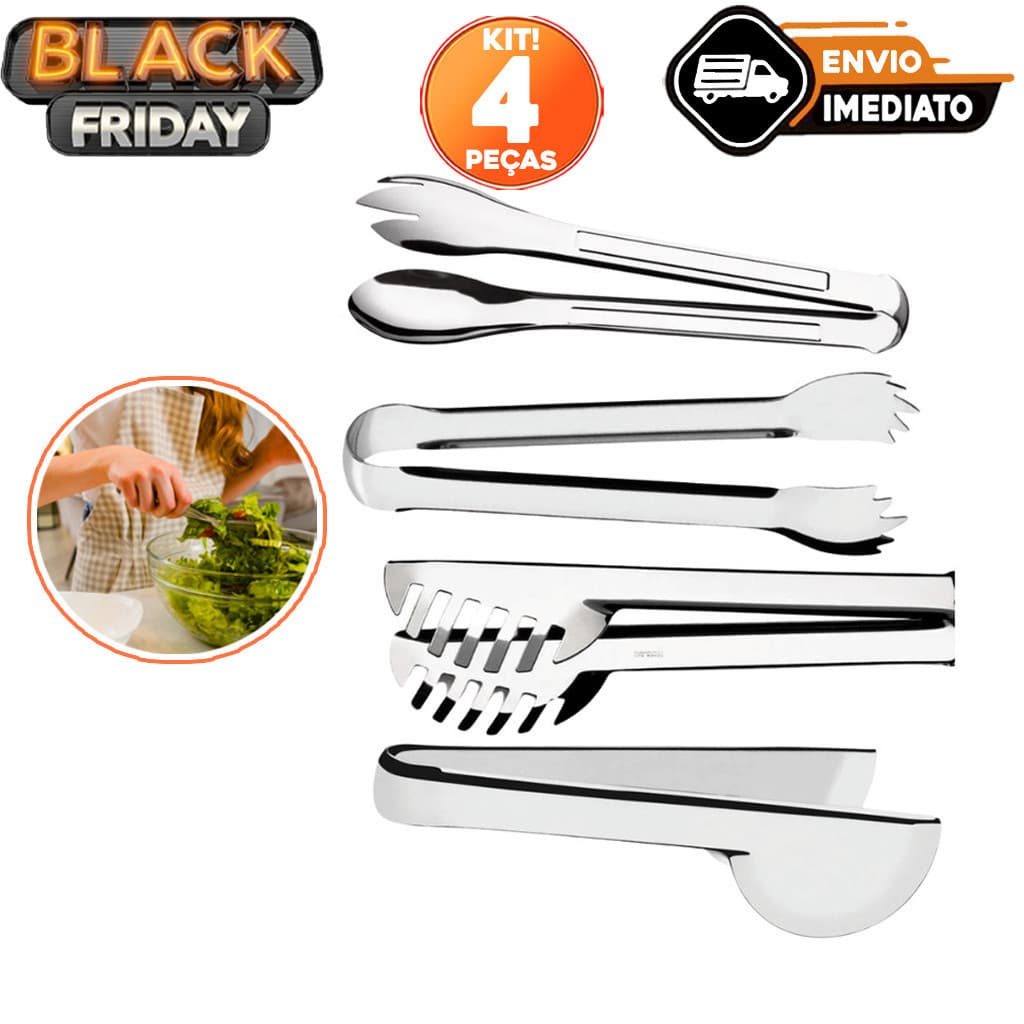 Kit 4 Peças Pegador de Massa de 20cm Pegador de Salada Pegador Universal de 20cm Pegador de Gelo de 18,5cm em Aço Inox