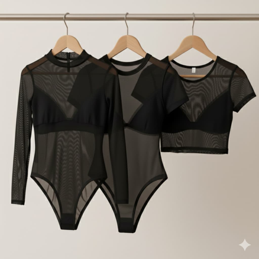 Kit 3 Peças Body Tule POLIAMIDA de COMPRESSÃO Preto Transparente Manga Longa E Curta + Cropped Feminino