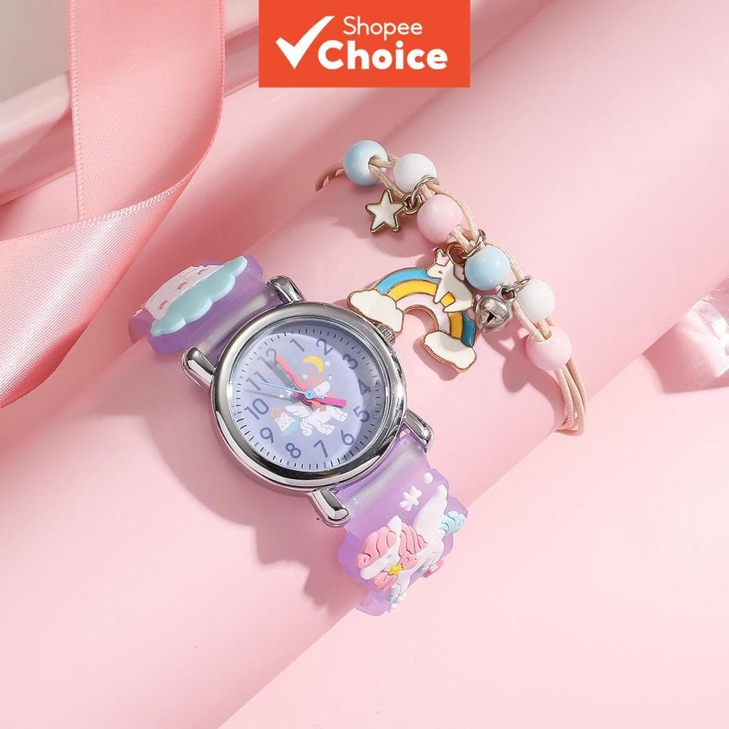 Unicórnio Crianças Relógio digital 2 Pçs Conjunto Roxo Meninas Dos Desenhos Animados + Arco-Íris Grânulo Pulseira Bonito