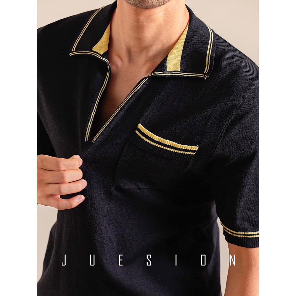 Jucean camisa POLO de malha masculina de manga curta respirável luz Casual Retro lapela solta meia manga topo