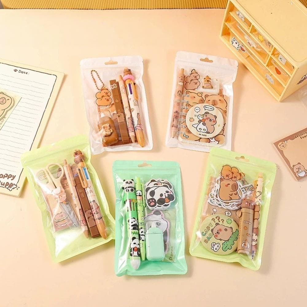 Cute Capivara Panda Cartoon Papelaria Pacote Multi-Color Esferográfica Gel Caneta Fita Corretiva Adesivo Memo Note Kawai