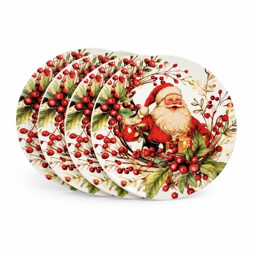 Jogo 4 Pratos de Sobremesa Natalino em Melamina 20cm Papai Noel e Azevinhos - Magizi