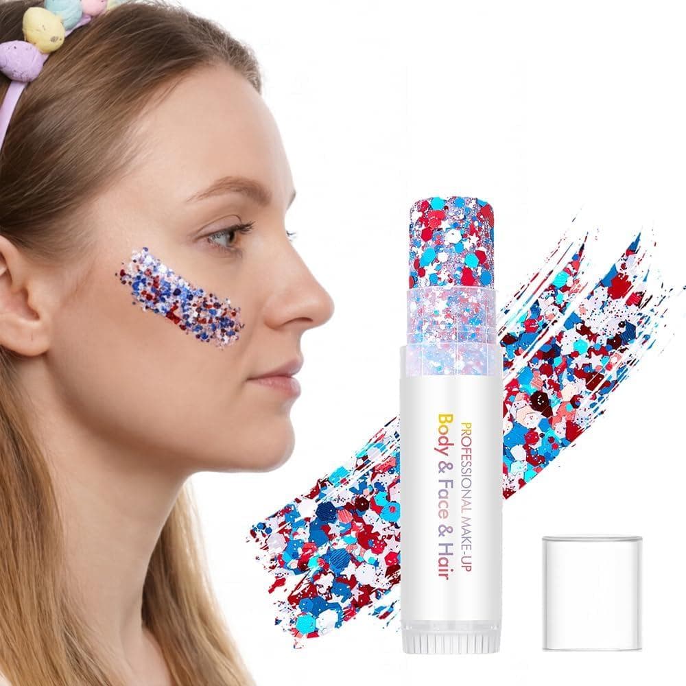 Bastão de Glitter 4 de Julho, Bastão de Glitter Vermelho e Azul com Estrelas para Rosto e Corpo 2026, Maquiagem Patrióti