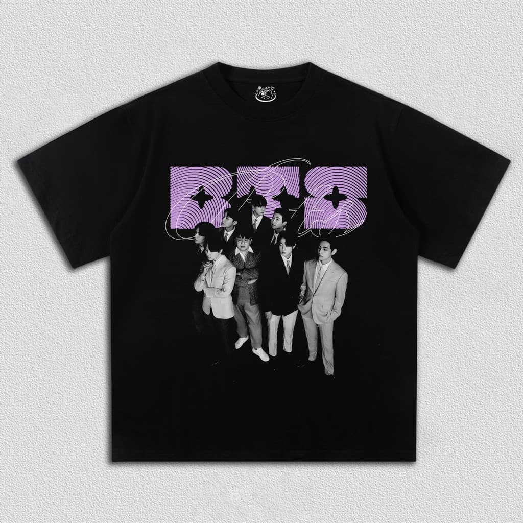 Camiseta Masculina Feminina 2026 BTS Roxo Grupo Traje Social  Oversized Unissex Algodão Premium