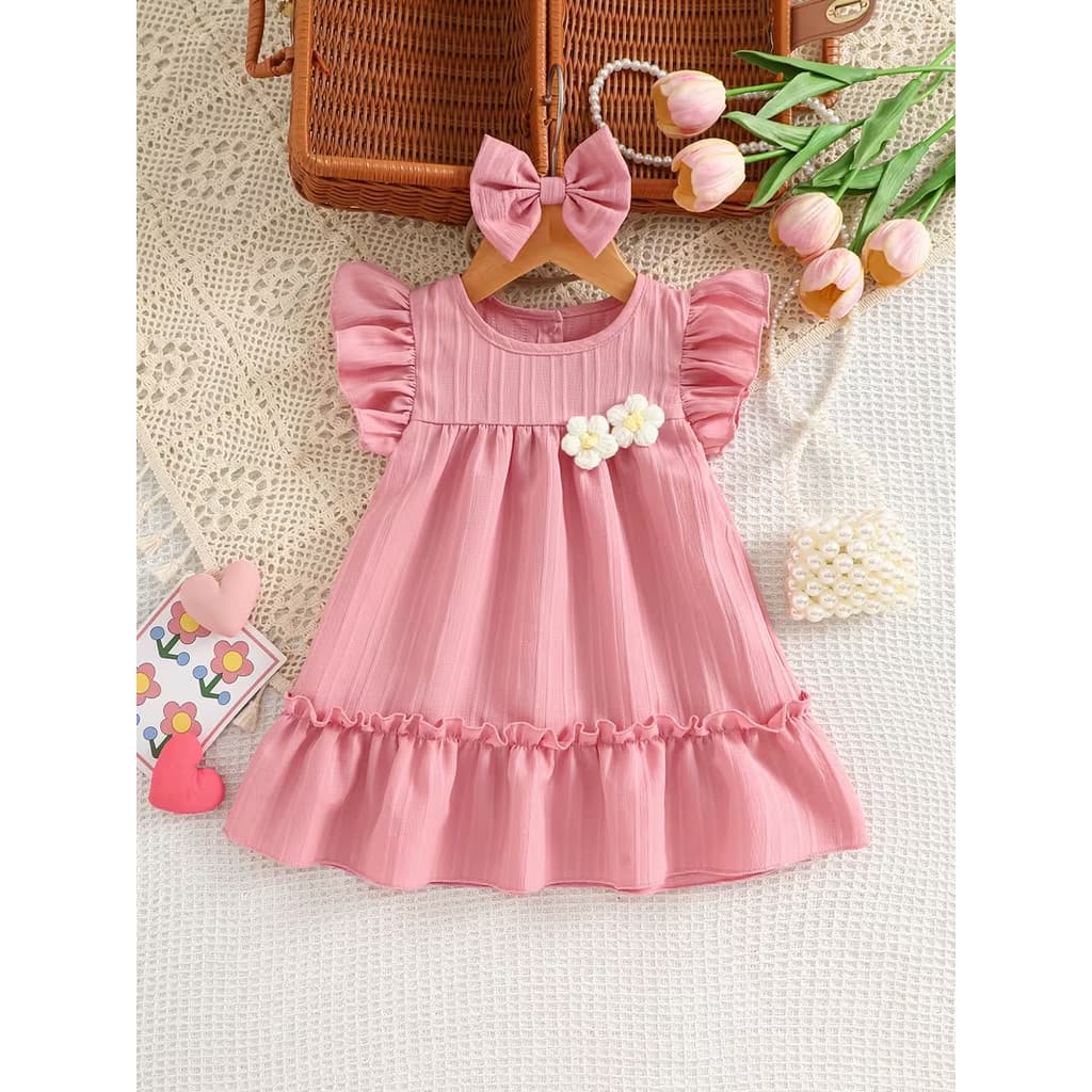 Vestido Bebe Menina 6 a 36 Meses Rosa Manga Curta Babador Flor Coque Faixa de Cabeça Laço Presente Festa Aniversário
