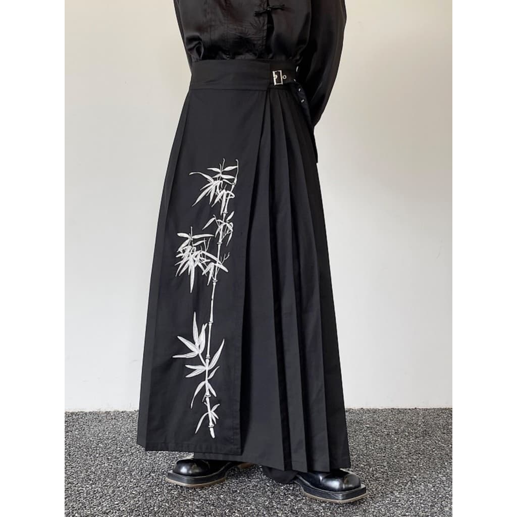 Outono novo estilo chinês melhorado bordado plissado cavalo rosto saia Retro bordado bambu A linha saia das mulheres dos