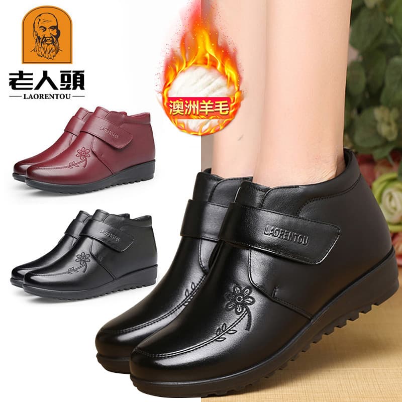 Sapatos femininos de dedo do pé idoso 2025 inverno velo-velo quente couro genuíno salto plano botas curtas sapatos de co