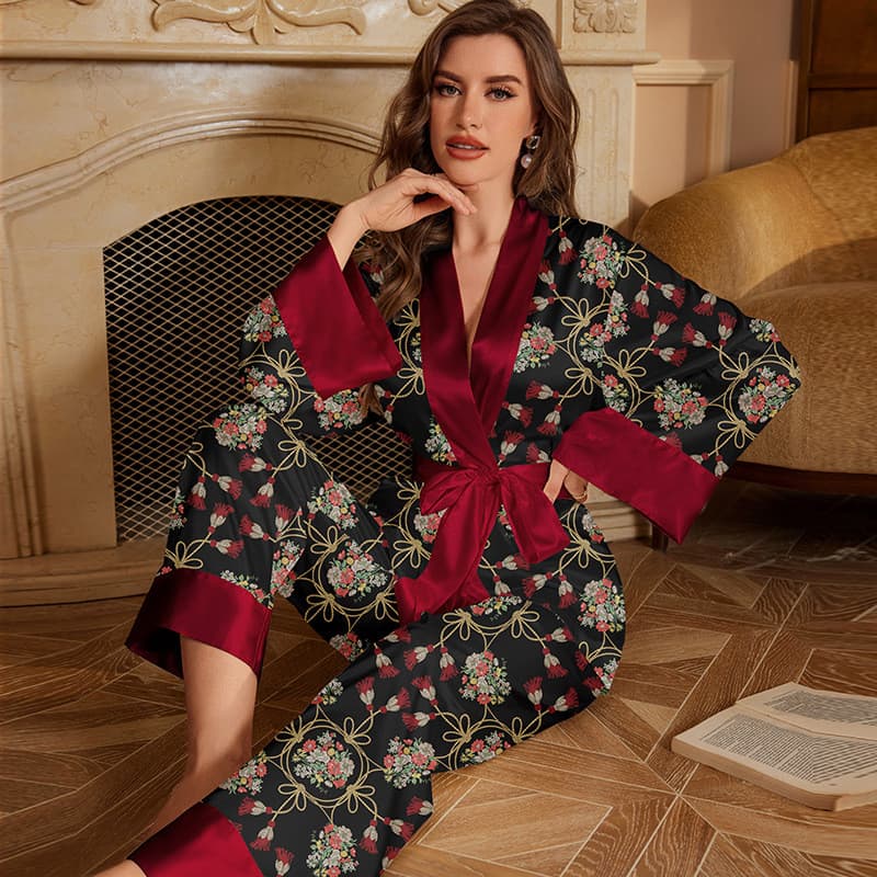 Novos pijamas de seda sintética da Yaoteng para mulheres no outono, conjunto de manga comprida com padrões elegantes, pi