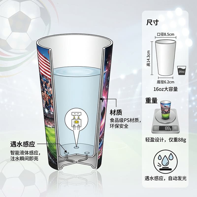 ￼ Exclusivo para vendas internacionais: copo de 16oz em material PS que brilha no escuro com tema da Copa do Mundo, adeq