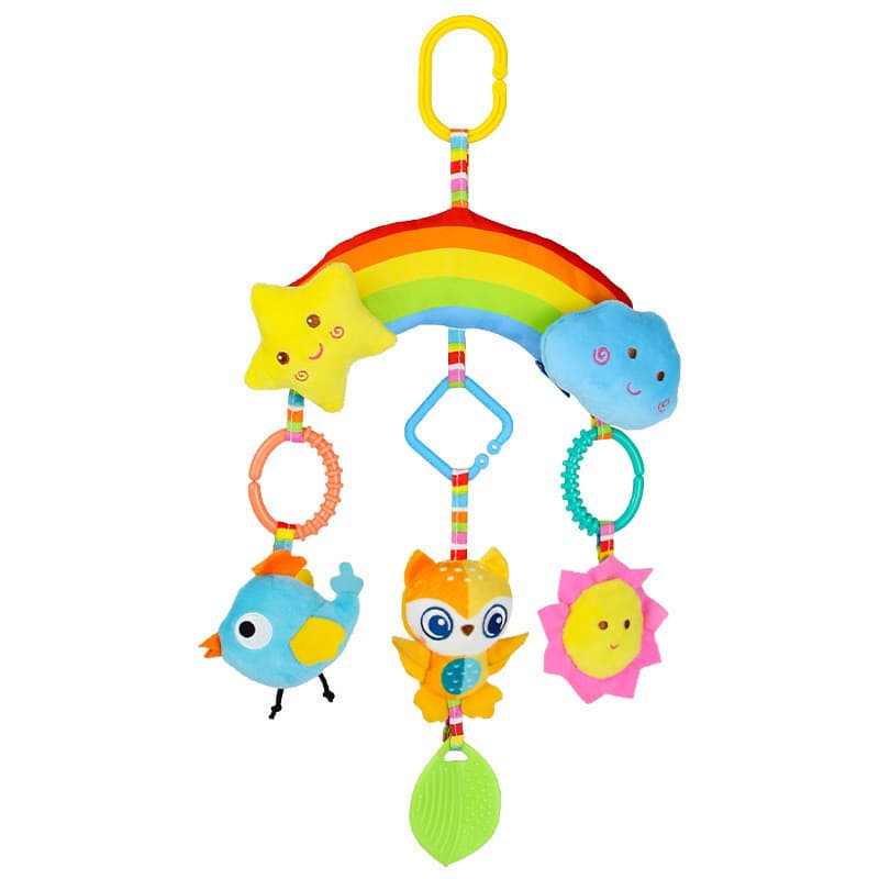 Brinquedo de pelúcia para carrinho de bebê com chocalhos arco-íris, adequado para berços, carros e desenvolvimento infan