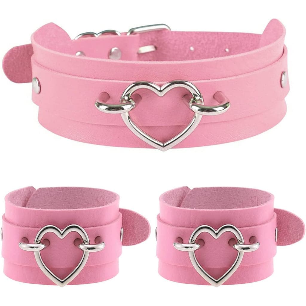 Conjunto de 3 Peças de Colar de Couro, Colar de Coração + Pulseiras Largas, Joias de Cosplay Punk Gótico, Presente para
