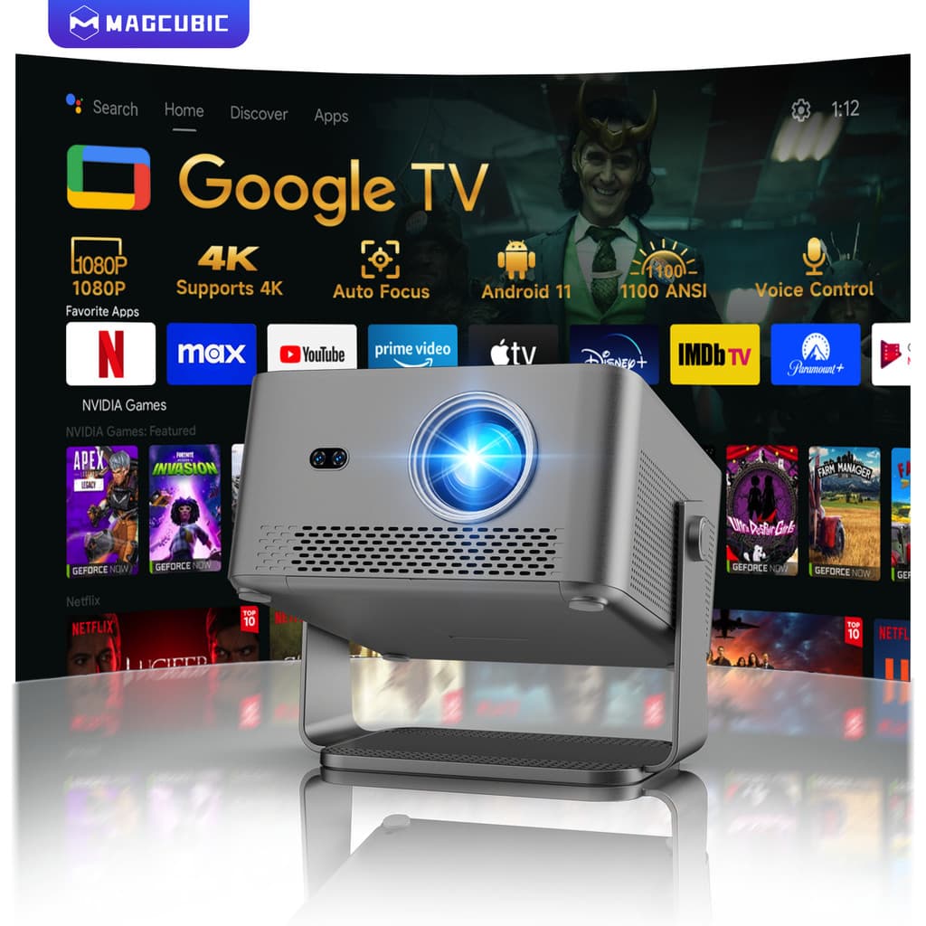 Magcubic Projetor HY450GT 1100 ANIS Foco automático 1080P Nativo Google TV Suporte a 4K HDR10