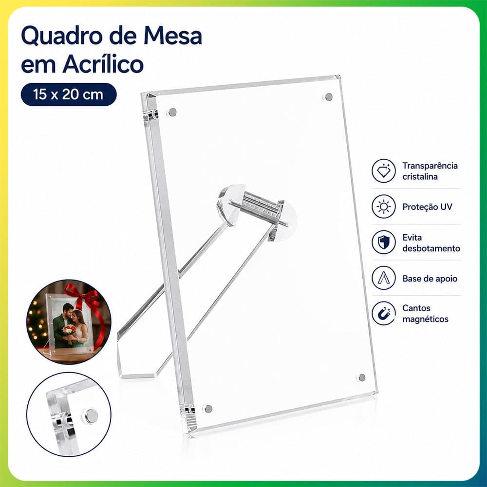 Porta Retrato Acrílico Magnético 15x20cm para Fotos Presentes Casamento Família Aniversário Decoração