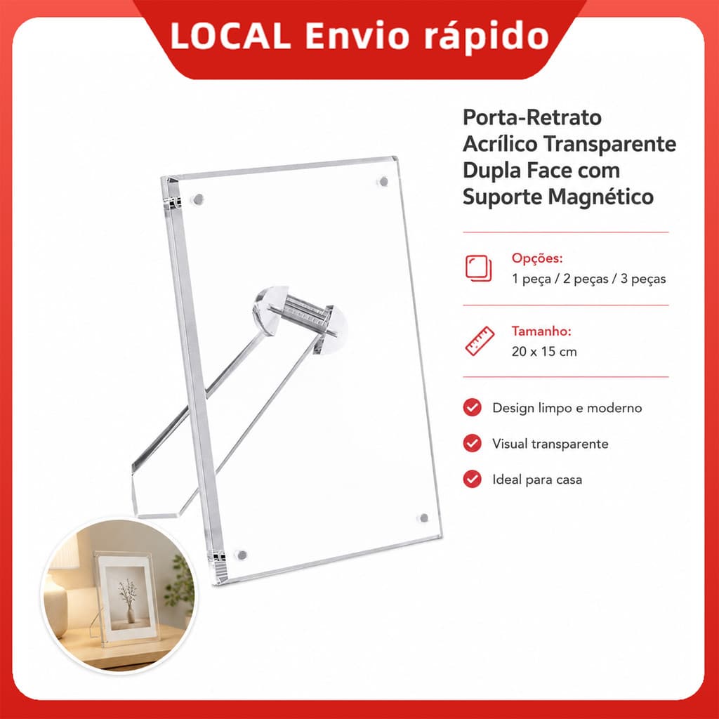 Porta Foto de Acrílico Transparente 1/2/3 Unid, 20x15cm Magnético com Suporte para Mesa e Exposição