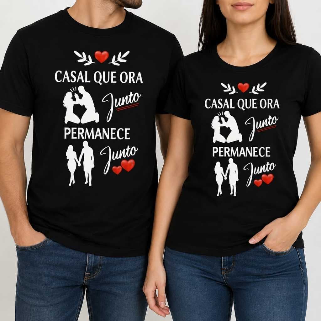 Kit Camiseta Casal Cristão Casal Que Ora Junto Permanece Junto 100% Algodão Premium