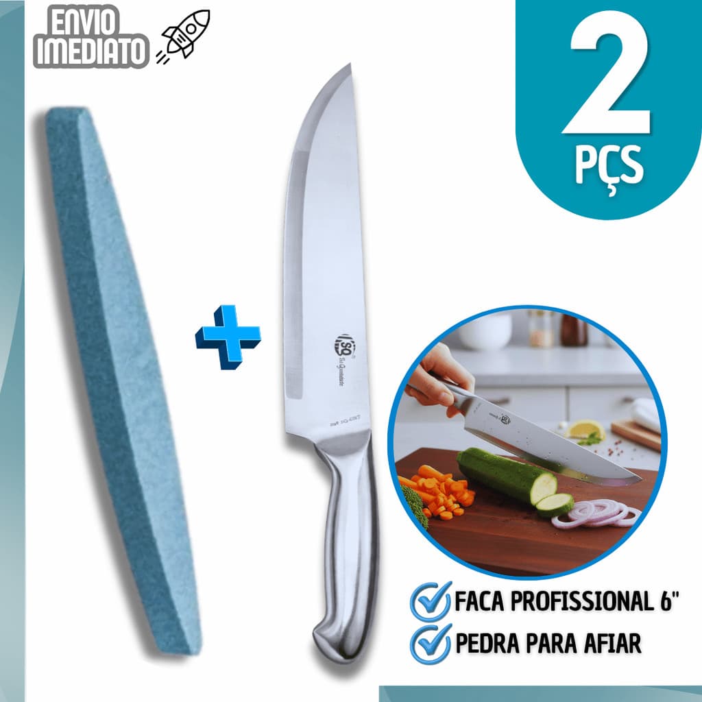 Kit Faca Profissional 6 Polegadas + Pedra de Afiar | Corte Preciso para Carnes, Peixes e Legumes