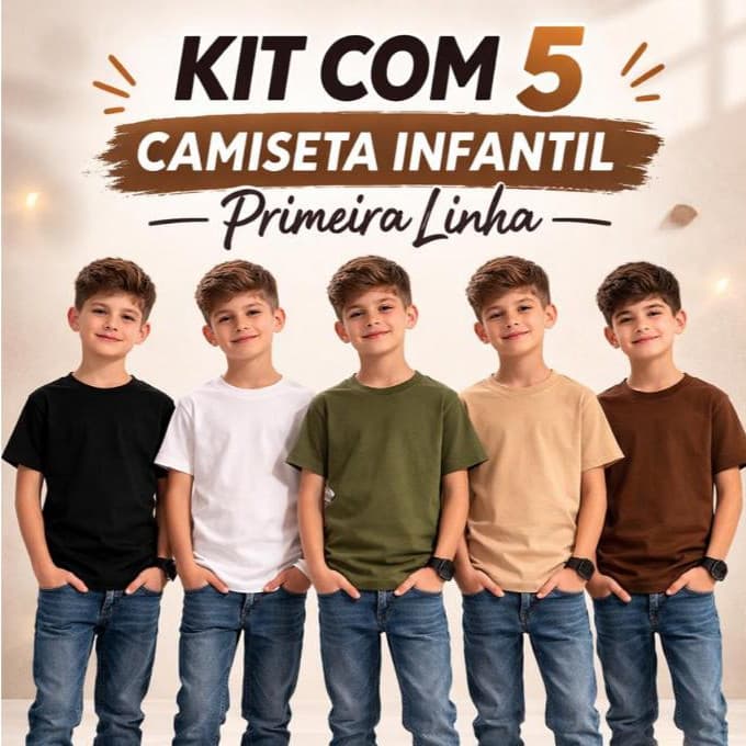 Kit 5 Camisetas Infantil 100% Algodão Primeira Linha