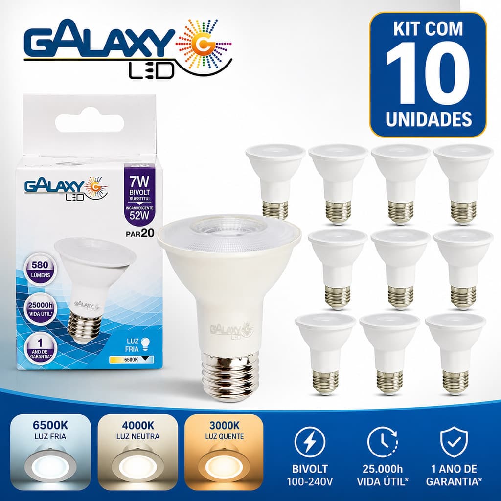 kit 10 / 5 Lâmpadas PAR20 7W 3000K/4000K/6500K Branca Quente/Neutra/Frio Bivolt 110v 220v Decoração 38° Spot