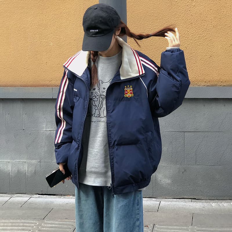 Americano listrado Design costura para baixo jaqueta acolchoada feminina novo estilo Preppy estudante grosso acolchoado