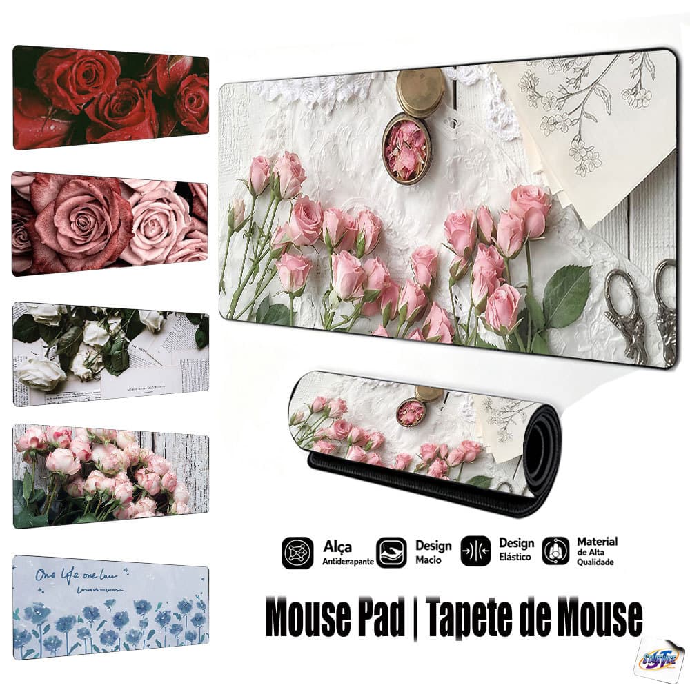 Mouse Pad Gamer Tapete de Mouse 80x30cm Floral de Rosas Base de Borracha Antiderrapante Borda Costurada FPS Escritório
