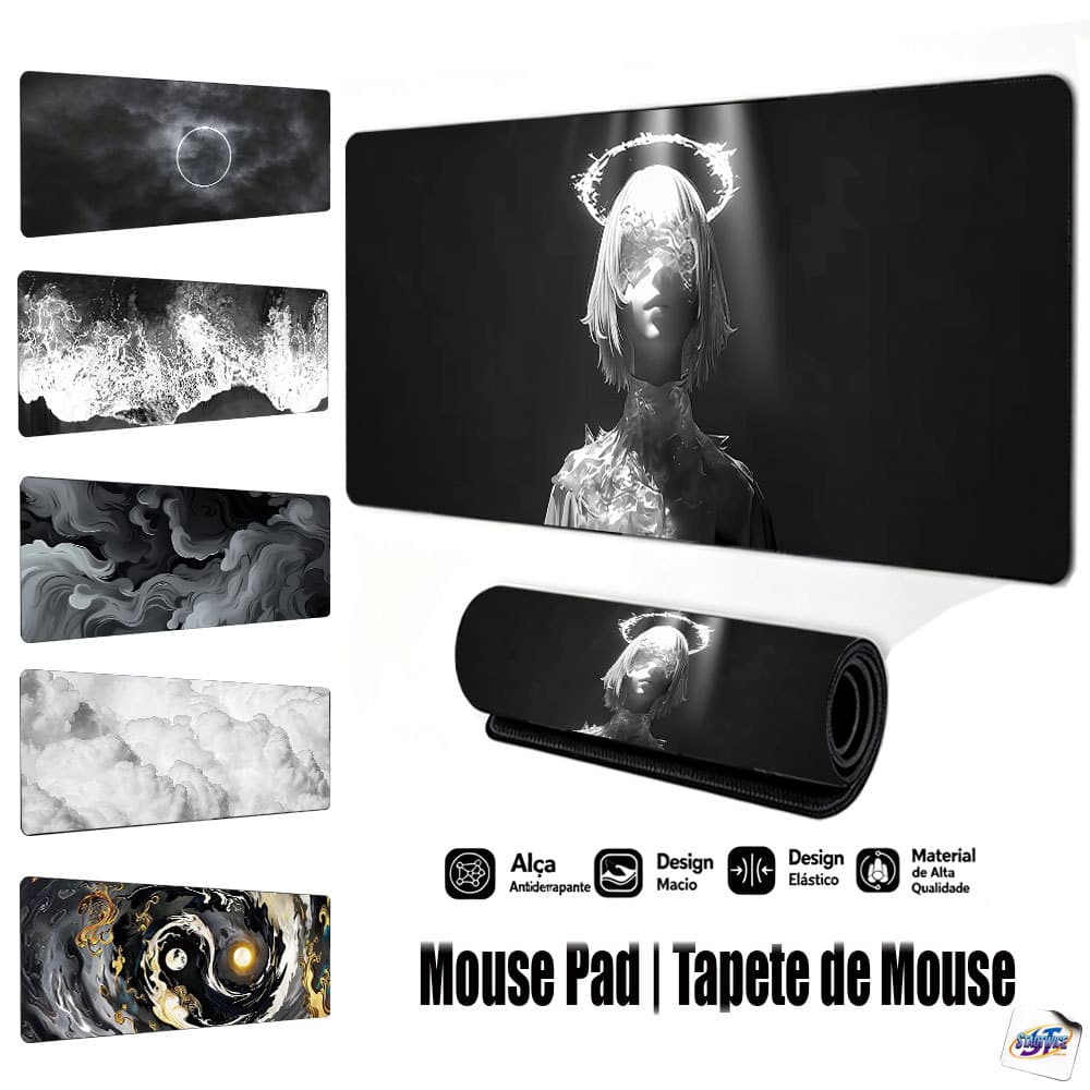 Mouse Pad Gamer Tapete de Mouse 80x30cm Preto e Branco Anjo Abstrato Antiderrapante Borda Costurada FPS Escritório