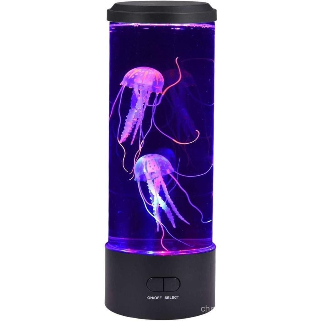 Aquário de mesa com LED, equipado com um mini tanque e duas águas-vivas, criando um ambiente atmosférico, aquário pequen