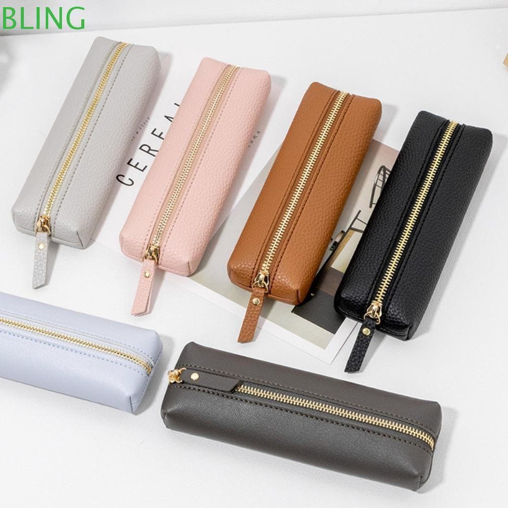 Estojo para Canetas BLING, Grande Capacidade em Couro PU, Bolsa com Zíper de Alta Qualidade com Padrão de Lichia, Para U