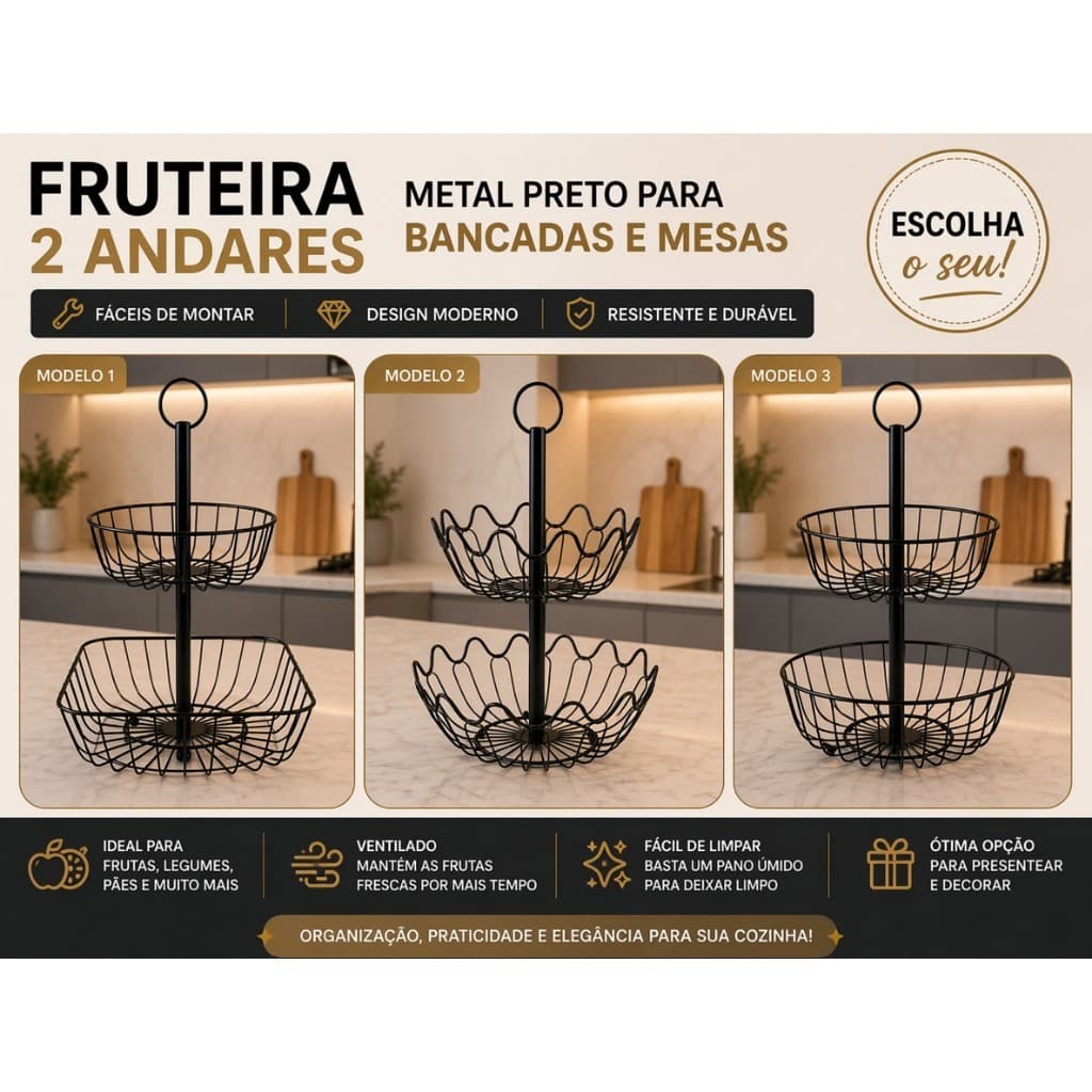 Fruteira 2 andares Metal preto Para Bancadas e Mesas - Vários Modelos Fáceis de Montar Escolha já o Seu