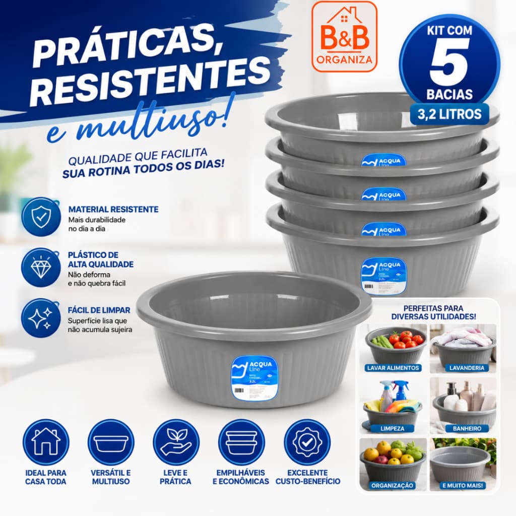 Kit 5 Bacias Caneladas Plástico 3,2L Redonda Multiuso Organização Casa Cozinha Lavanderia Jardim