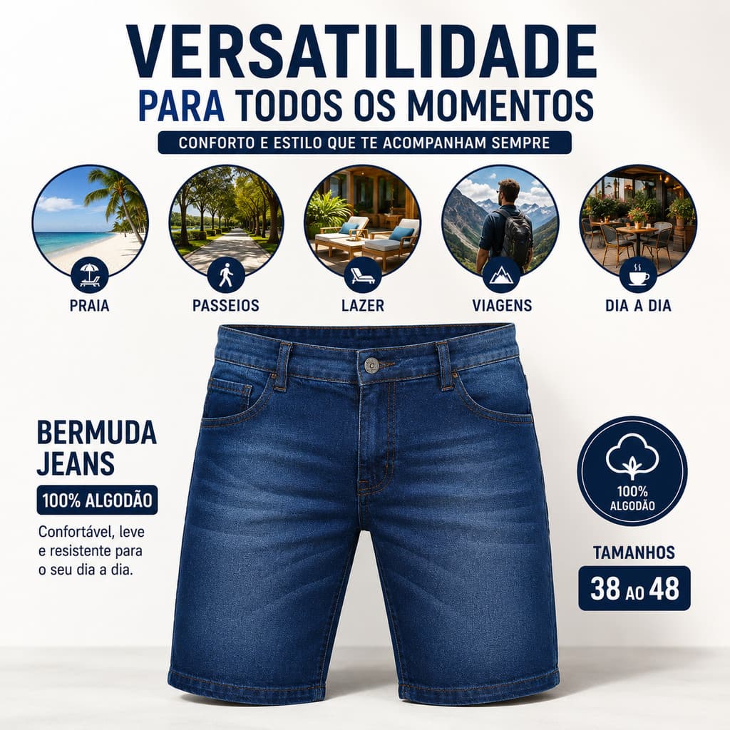Bermuda Jeans Masculina 100% Algodão 38 ao 48 Casual Confortável