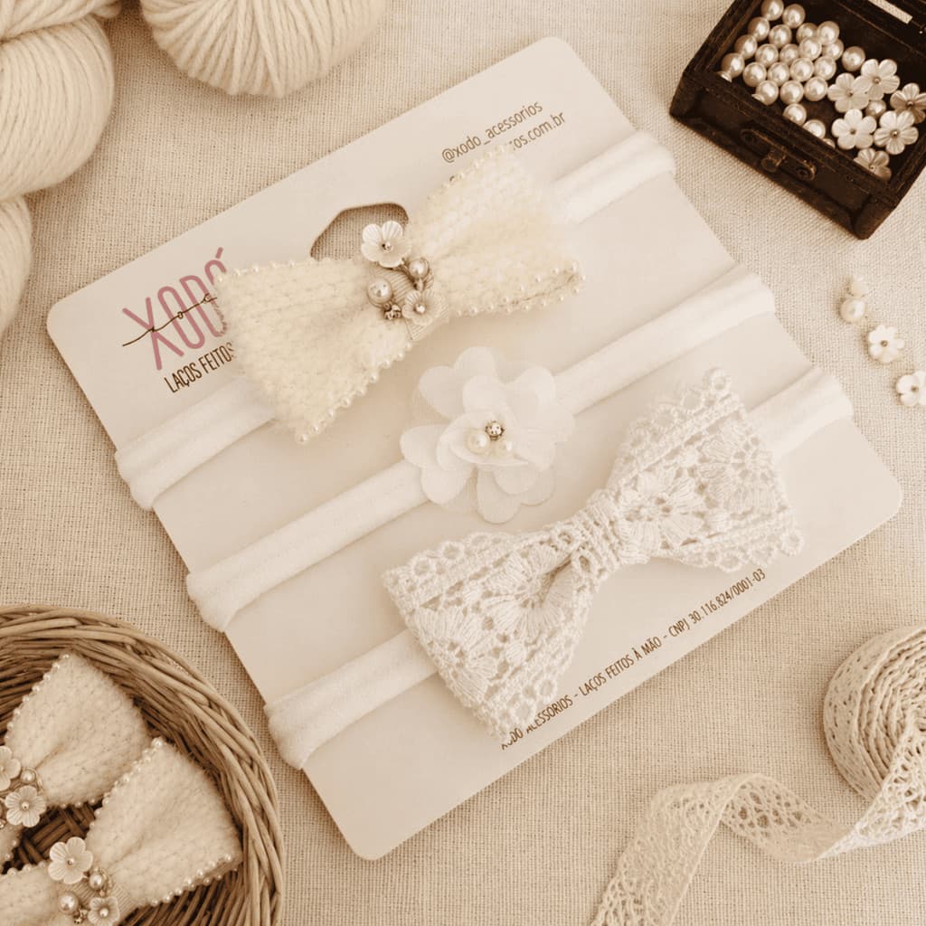 Kit 3 Tiaras Faixas Meia Seda Premium Laço Cabelo Bebê Rn Infantil Festas Batizado Comemorações Tons claros