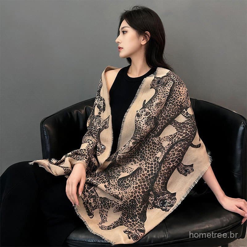 Xale Leopardo Retrô - Lenço Feminino Luxo 180×90cm 130g