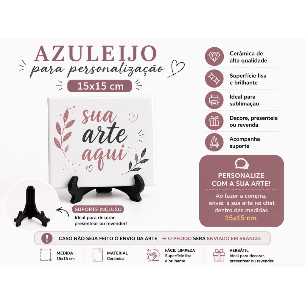 Azulejo Personalizado com Sua Arte, Foto, Tema ou Logo Premium 15x15 com Suporte de Decoração