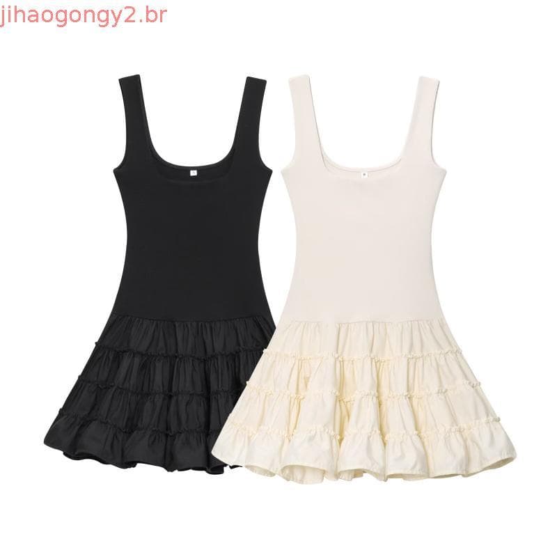 Vestido Csole Feminino Fofo com Decote em U e Top Sem Mangas, Novo Vestido Simples e Versátil de Outono