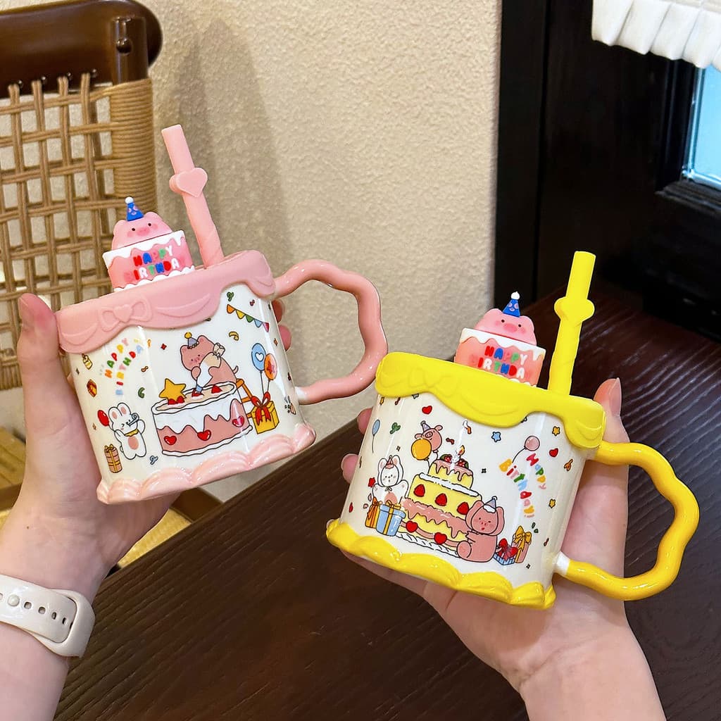 Bonito dos desenhos animados bolo de aniversário caneca casa beber palha copo escritório copo de cerâmica de alto valor