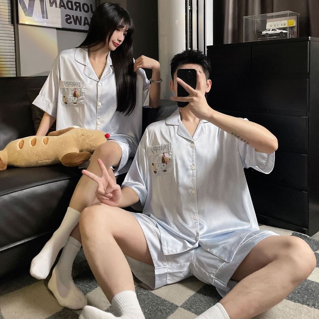 Gelo neve seda casal pijamas feminino verão Shorts de manga curta lapela estilo fino masculino verão pode usar fora tern