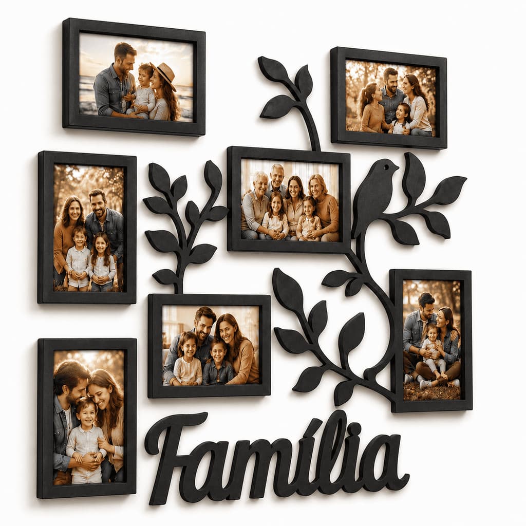 Painel Porta Retrato Família MDF para 7 Fotos 10x15 Decoração de Parede Galhos Pássaros 3 Cores